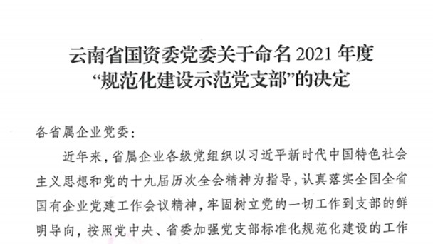 热烈祝贺！云煤（凯时娱乐人生就是博）集团所属2个党支部被命名为省国资委2021年度“规范化建设树模党支部”